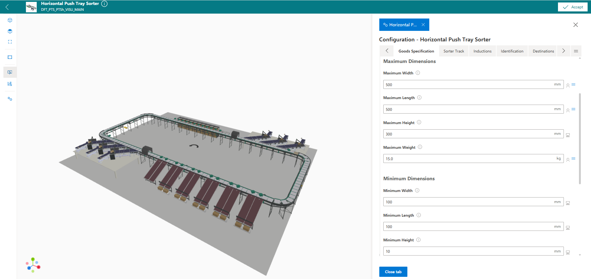 Eine 3D-Visualisierung eines horizontalen Schalen-Sortierers mit verschiedenen Förderbändern und einem Konfigurationsfenster für die Spezifikation der maximale und minimale Abmessungen.