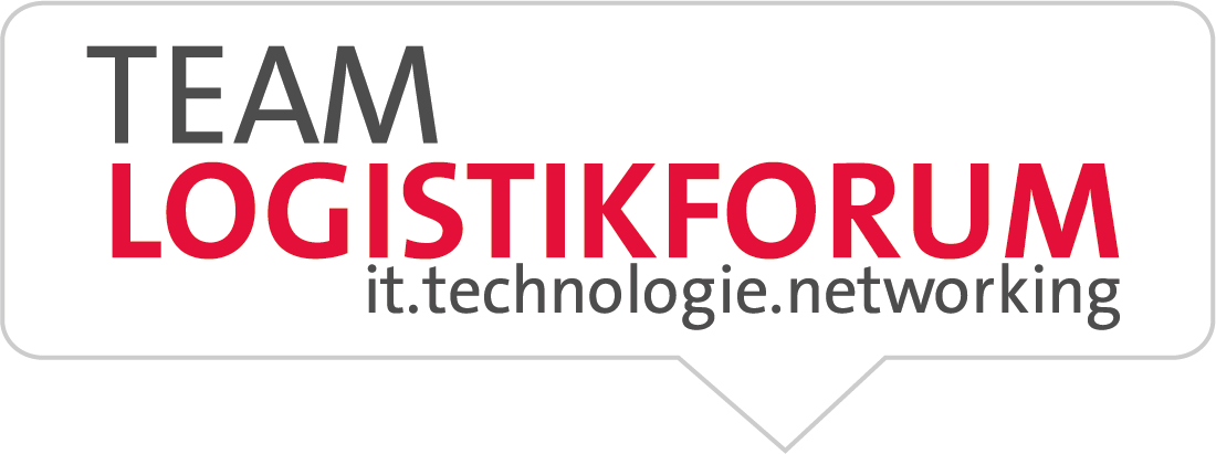 Sprechblase mit dem Text: TEAM LOGISTIKFORUM it.technologie.networking. Die Wörter TEAM und LOGISTIKFORUM sind fett gedruckt, LOGISTIKFORUM in leuchtend roter und größerer Schrift.