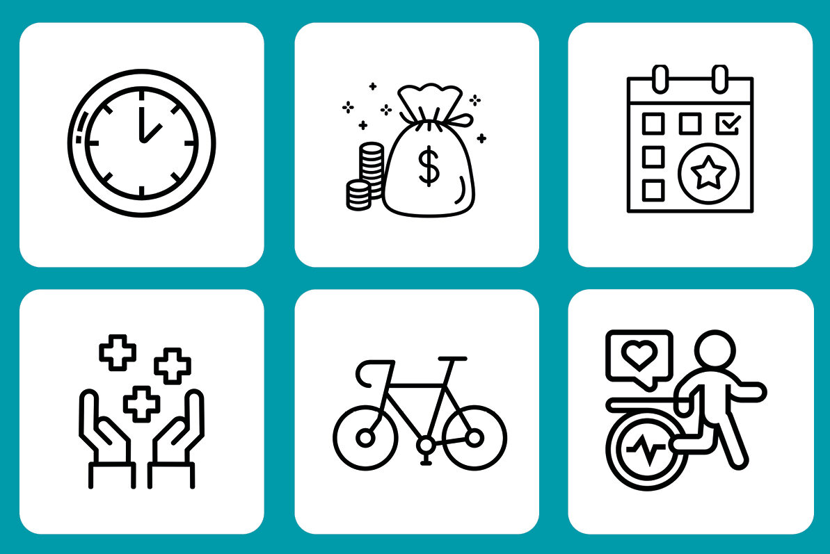 Icons on a teal background: a clock, a money bag with coins, a calendar with a check mark, hands with plus signs, a bicycle, and a person running on a treadmill with a heart monitor.
