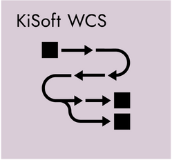 Ein Diagramm mit dem Text "KiSoft WCS", das geschwungene Pfeile und zwei schwarze Kästchen zeigt, die unterschiedliche Flussrichtungen darstellen.