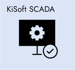 Ein Computerbildschirm mit einem Zahnradsymbol und einem Häkchen, darüber steht der Text "KiSoft SCADA".