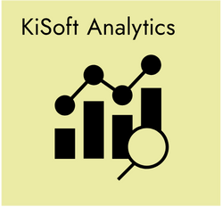 Ein schwarzes Logo mit dem Text "KiSoft Analytics" und einem Diagramm, das Balken, Punkte und eine Lupe enthält, auf einem gelben Hintergrund.