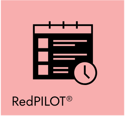 Ein schwarzes Kalendersymbol mit einer Uhr und Listenpunkten auf einem rosafarbenen Hintergrund, begleitet vom Text "RedPILOT®".