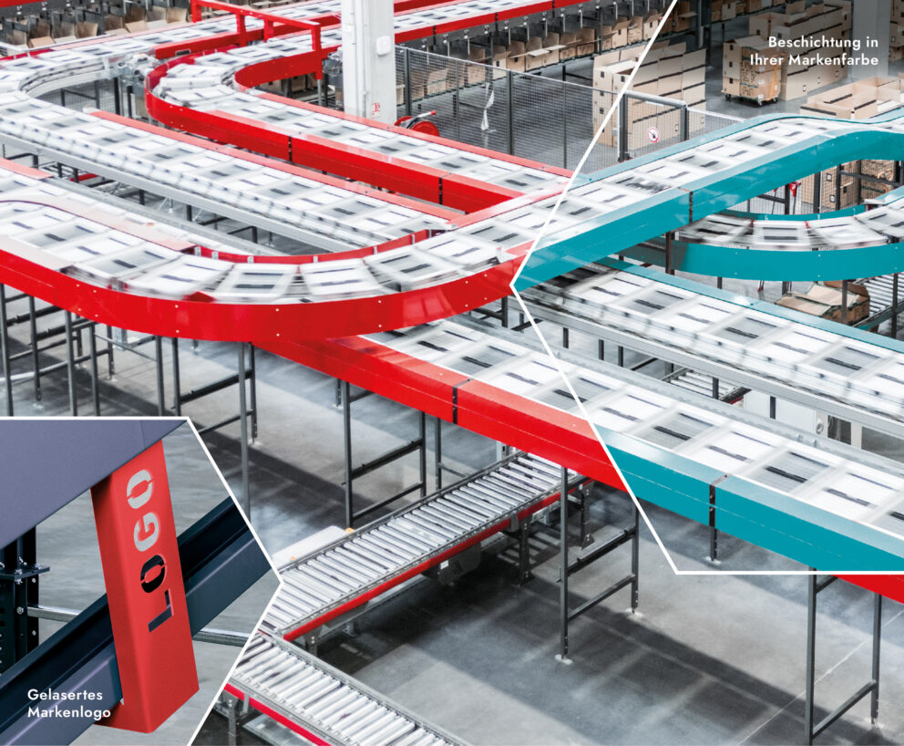 Ein Lagerhaus-Fördersystem mit roten und blaugrünen Split-Tray-Abschnitten, mit anpassbaren Beschichtungsfarben und einem gelaserten Markenlogo auf der Seitenwand für einen maßgeschneiderten Look.