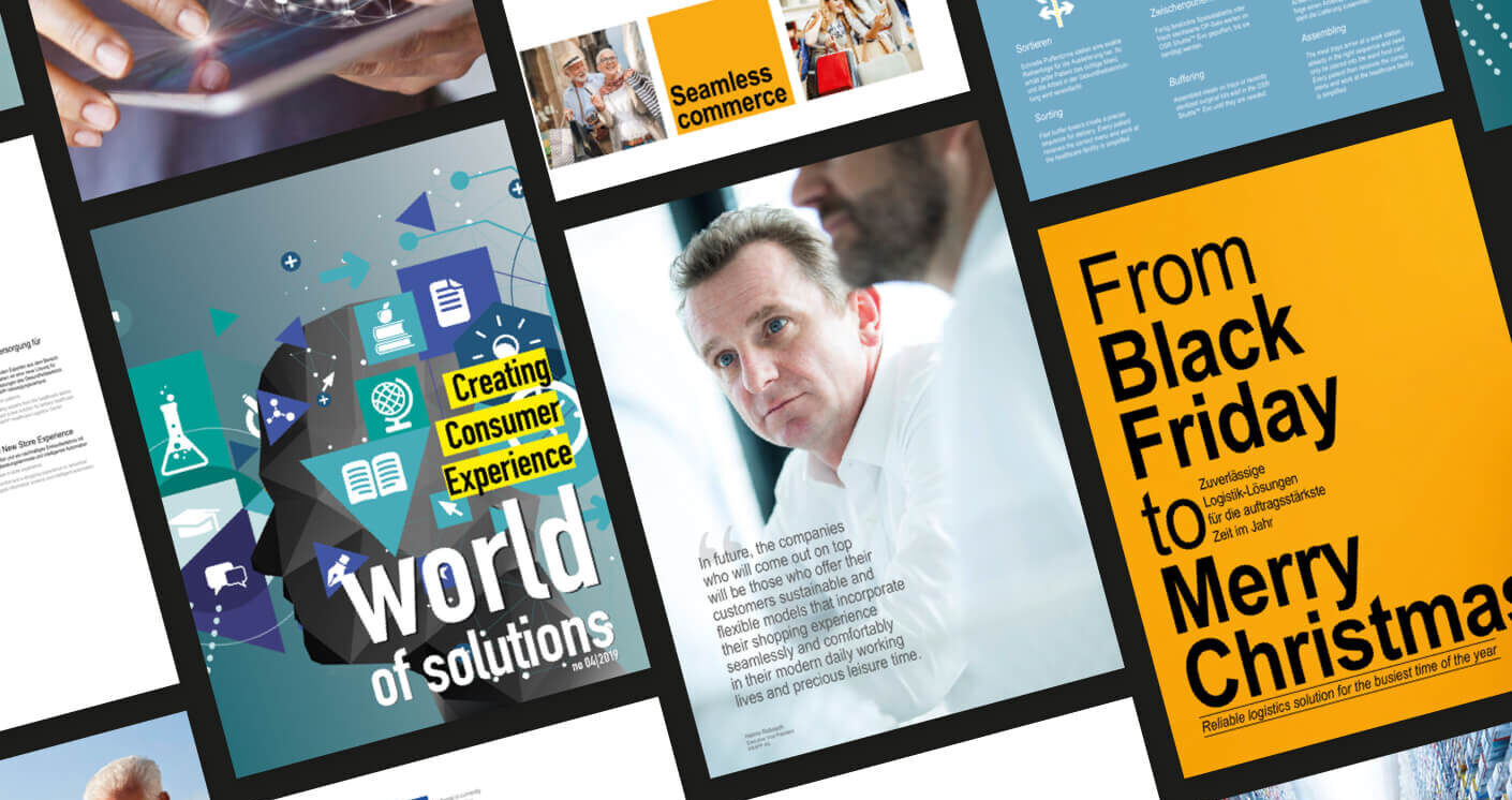 A collage of magazine covers and pages featuring headlines like Creating Consumer Experience with a globe graphic, a From Black Friday to Merry Christmas article on a yellow background, and an image of a thoughtful man in a white shirt.