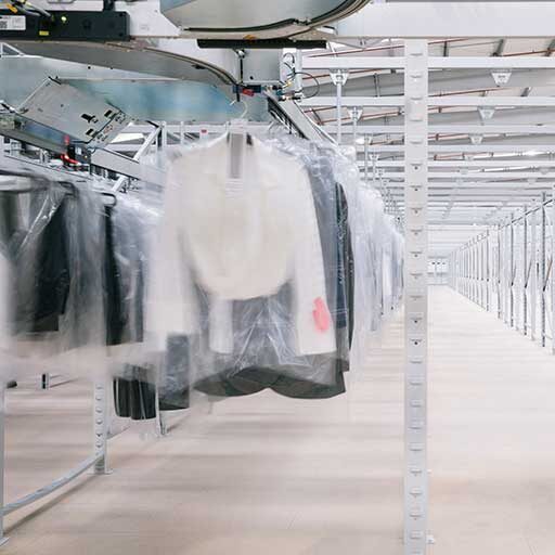 White sweaters covered in clear plastic hang on a conveyor system in a large, clean, and brightly lit industrial laundry or dry cleaning facility. The area appears organized and spacious.