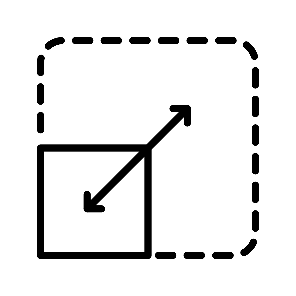 Ein ausgefülltes Quadrat mit einem nach außen zeigenden Pfeil aus der oberen rechten Ecke überlappt ein größeres gestricheltes Quadrat und symbolisiert „Erweitern“, „In neuem Fenster öffnen“ oder die Aktivierung von Funktionen wie einem Push Tray Sorter.